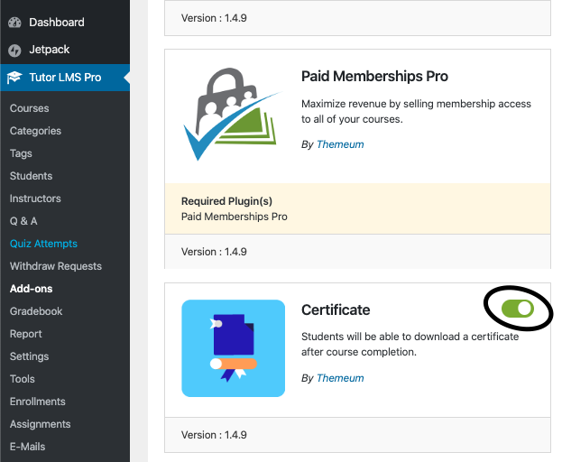 enable certificate addon Themeum